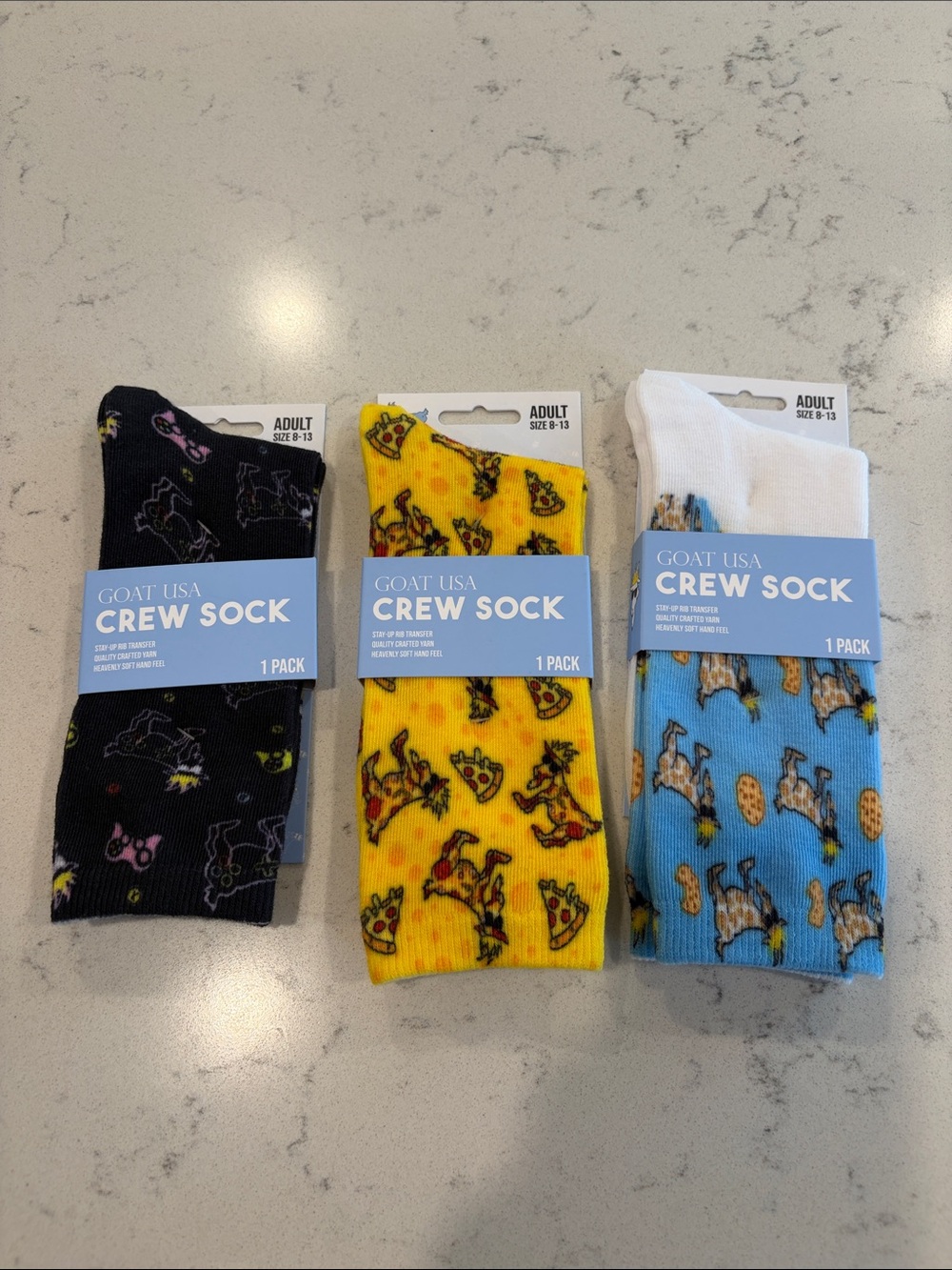 GOAT USA Men’s Crew Socks – Black, Yellow & Blue (3-Pack) NWT